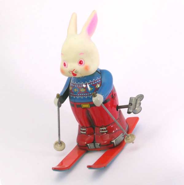 Skiing Bunny Rabbit windup tin toy - Annie's Attic Antiques